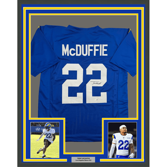 Framed Autographed/Signed Trent McDuffie 35x39 Los Angeles LA Blue Football Jersey Beckett BAS COA