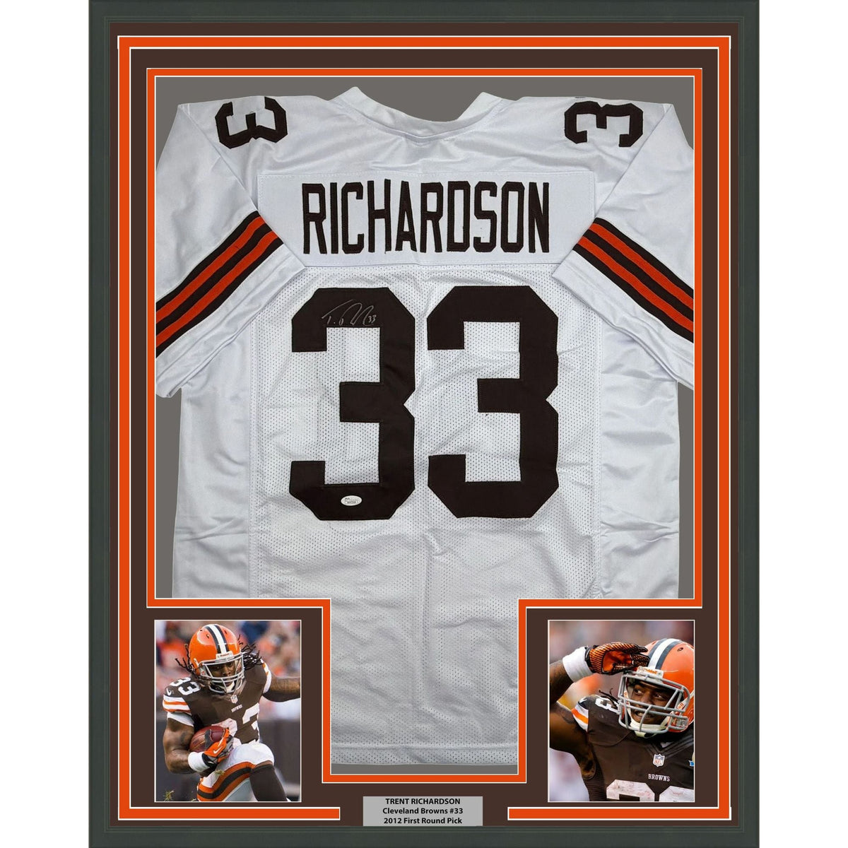 Framed Autographed/Signed Trent Richardson 35x39 Cleveland White Football Jersey JSA COA