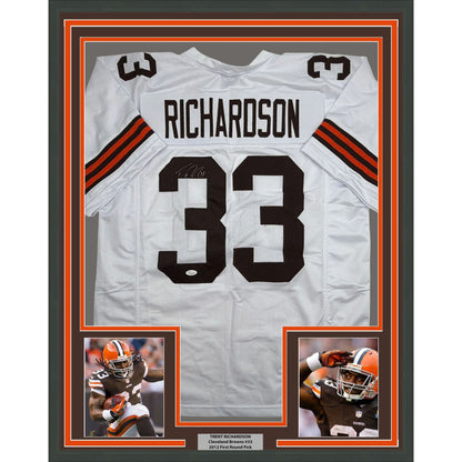 Framed Autographed/Signed Trent Richardson 35x39 Cleveland White Football Jersey JSA COA