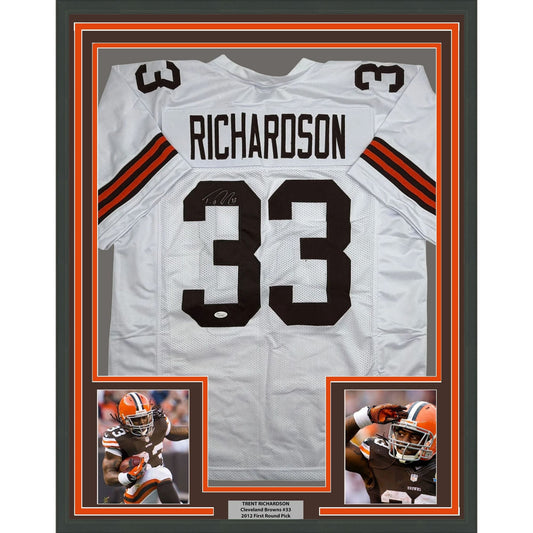 Framed Autographed/Signed Trent Richardson 35x39 Cleveland White Football Jersey JSA COA