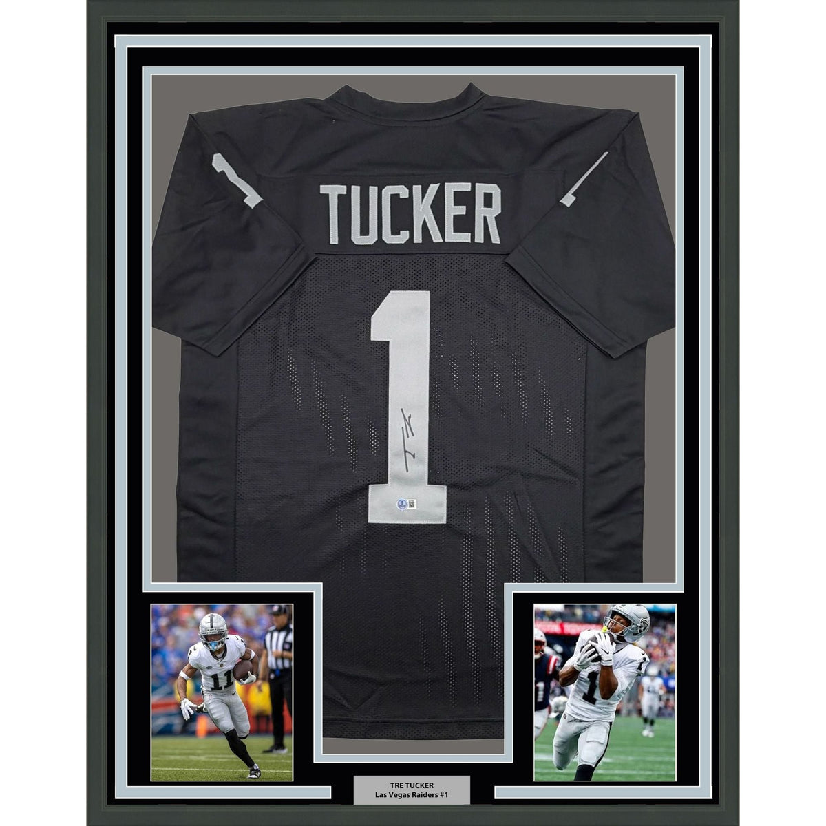 Framed Autographed/Signed Tre Tucker 35x39 Oakland Las Vegas Black Football Jersey Beckett BAS COA