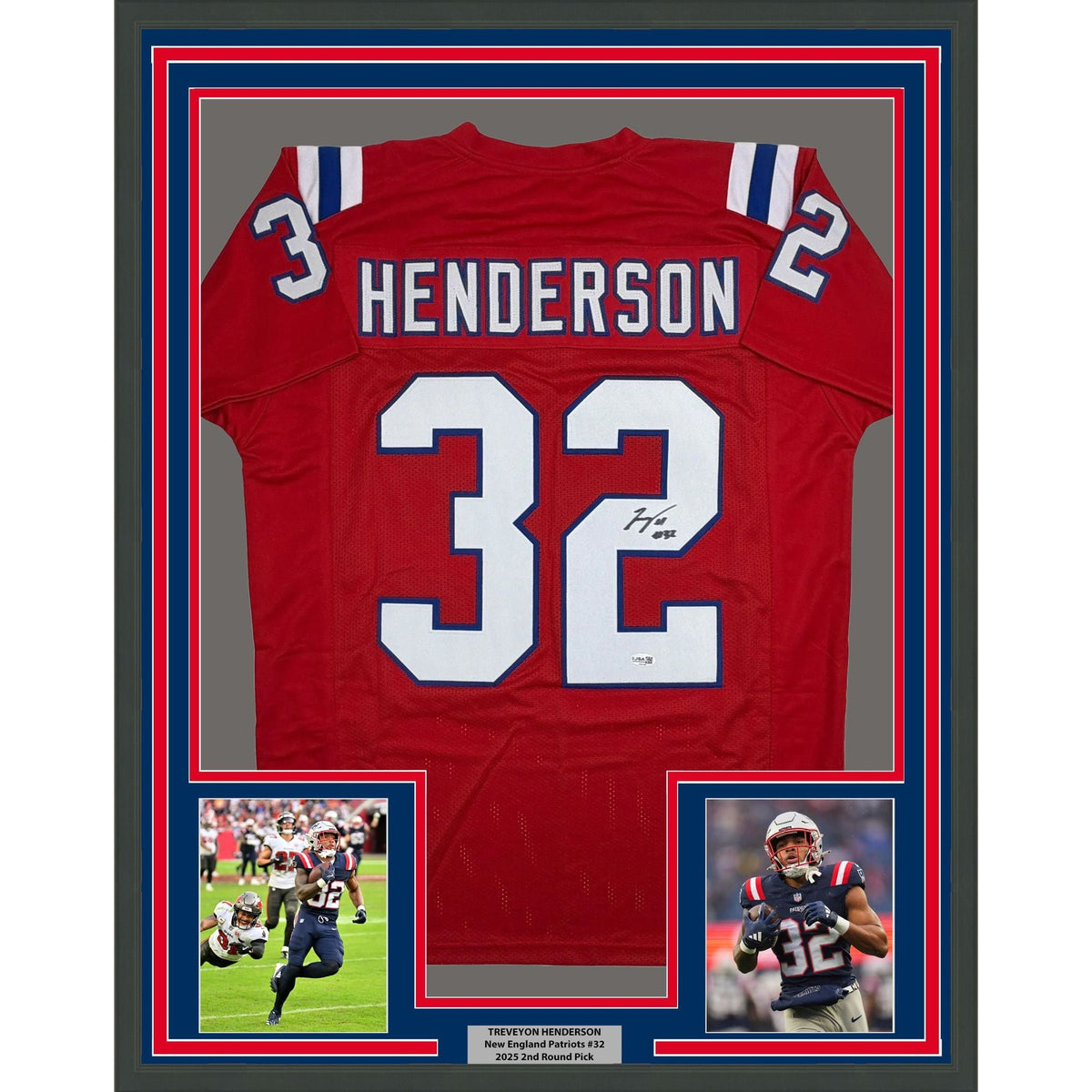 Framed Autographed/Signed TreVeyon Henderson 35x39 New England Red Football Jersey JSA COA