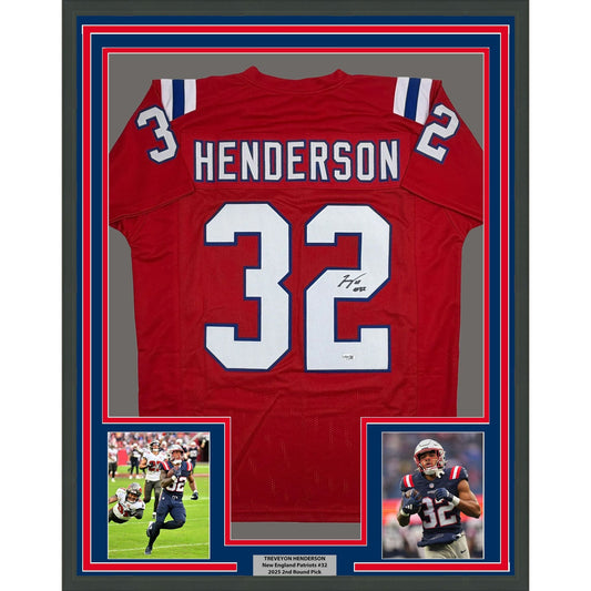 Framed Autographed/Signed TreVeyon Henderson 35x39 New England Red Football Jersey JSA COA