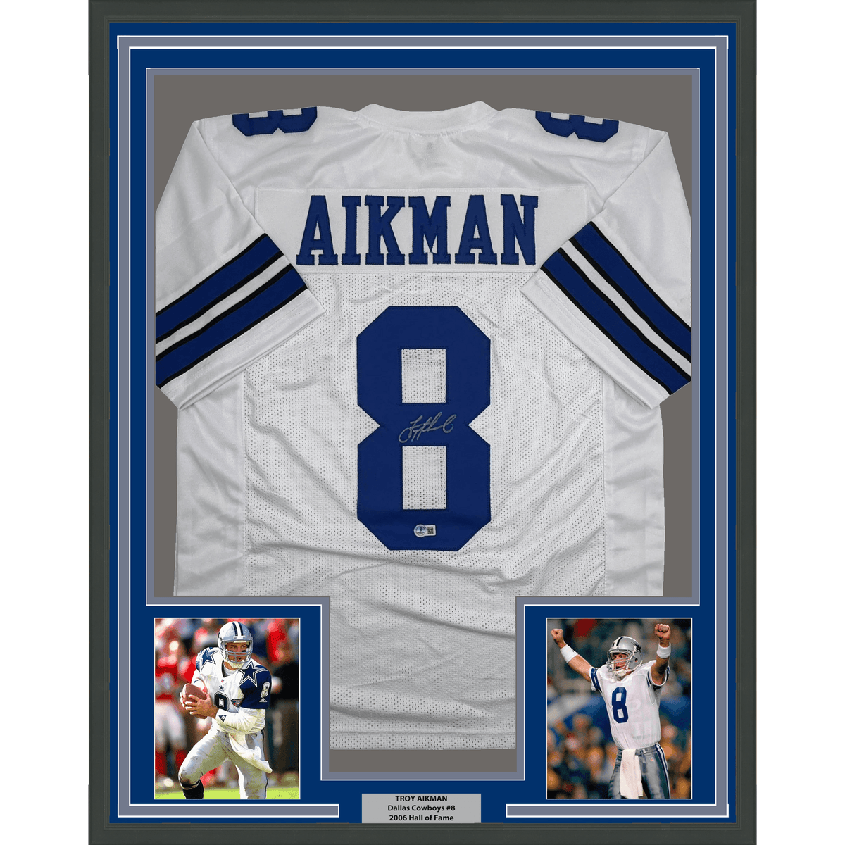 Framed Autographed/Signed Troy Aikman 35x39 Dallas White Football Jersey Beckett BAS COA