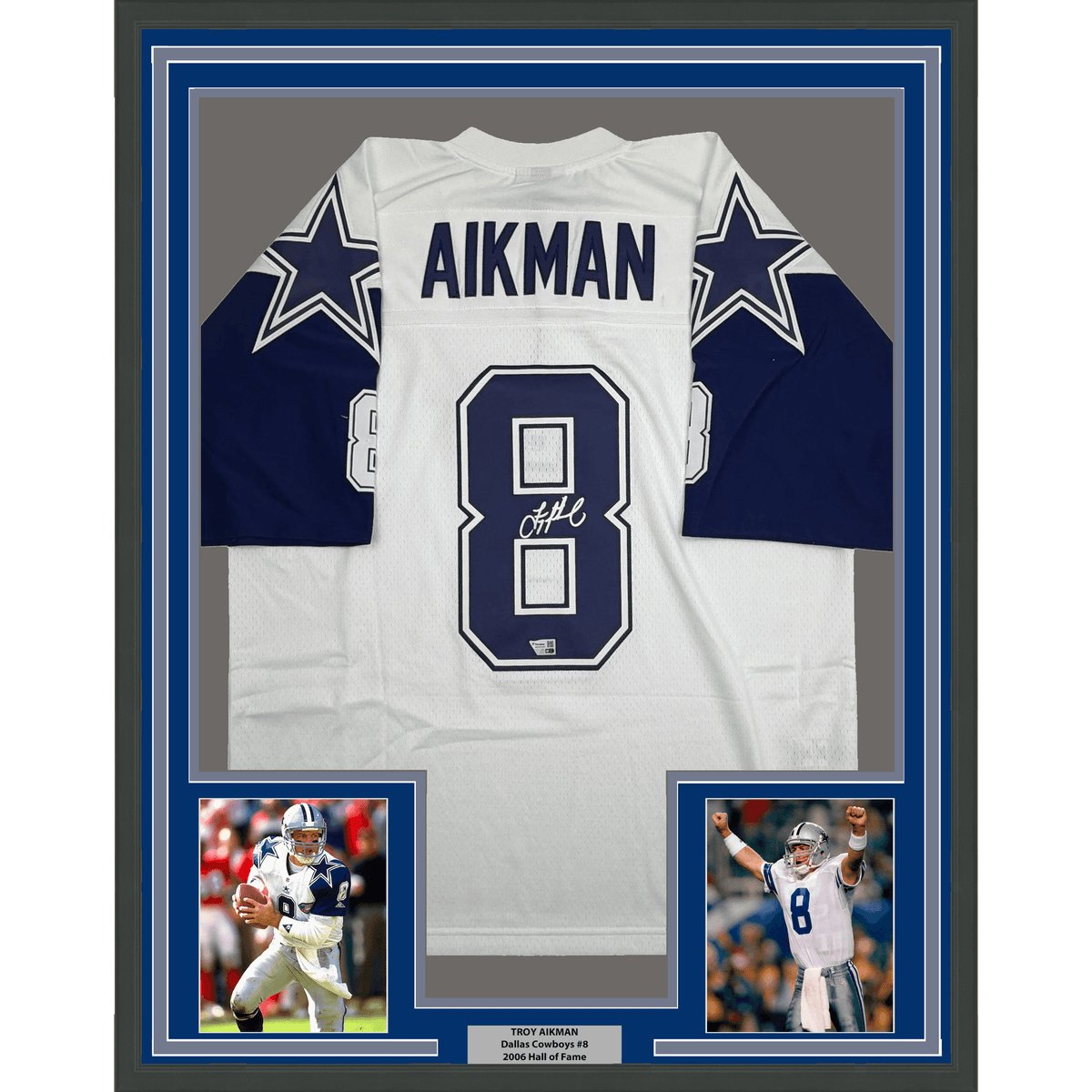 Framed Autographed/Signed Troy Aikman 35x39 Dallas Cowboys White Authentic Mitchell & Ness Football Jersey Fanatics COA