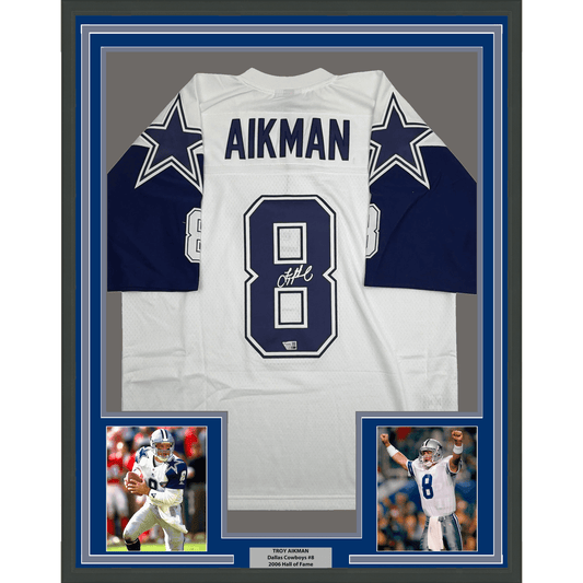 Framed Autographed/Signed Troy Aikman 35x39 Dallas Cowboys White Authentic Mitchell & Ness Football Jersey Fanatics COA