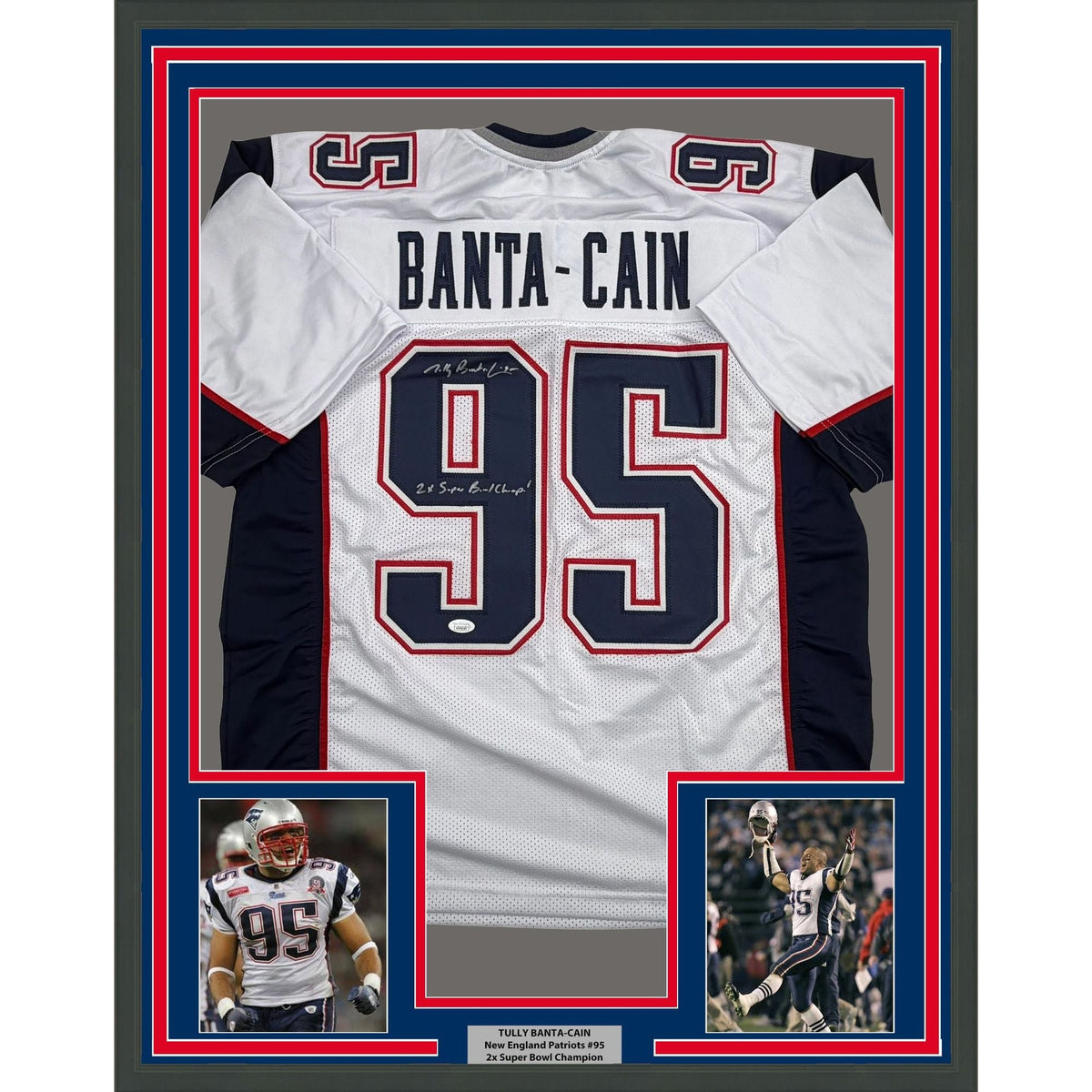 Framed Autographed/Signed Tully Banta-Cain 35x39 New England White Football Jersey JSA COA