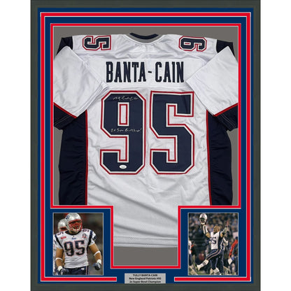 Framed Autographed/Signed Tully Banta-Cain 35x39 New England White Football Jersey JSA COA