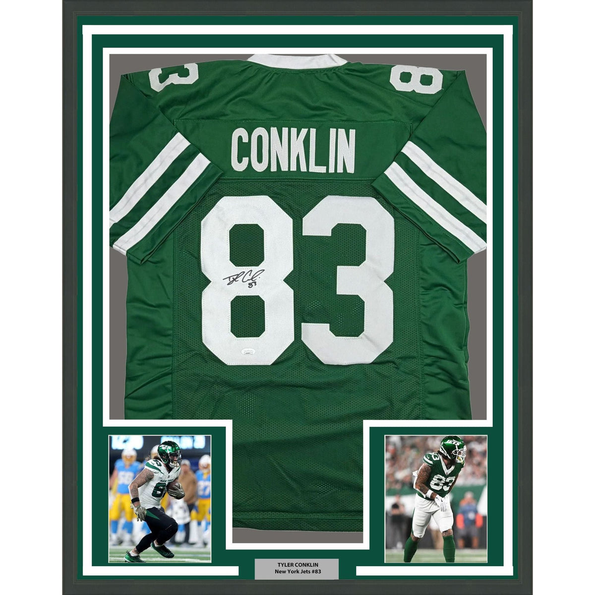 Framed Autographed/Signed Tyler Conklin 35x39 New York Green Football Jersey JSA COA