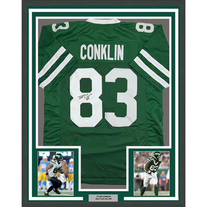 Framed Autographed/Signed Tyler Conklin 35x39 New York Green Football Jersey JSA COA