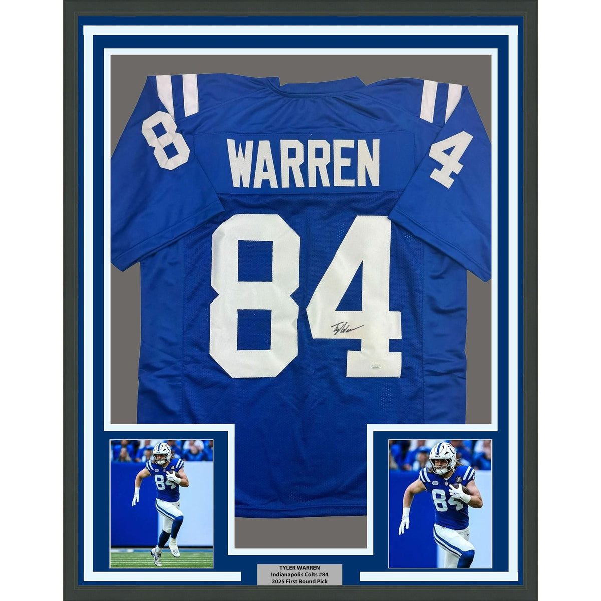 Framed Autographed/Signed Tyler Warren 35x39 Indianapolis Blue Football Jersey JSA COA