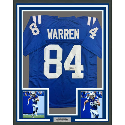 Framed Autographed/Signed Tyler Warren 35x39 Indianapolis Blue Football Jersey JSA COA