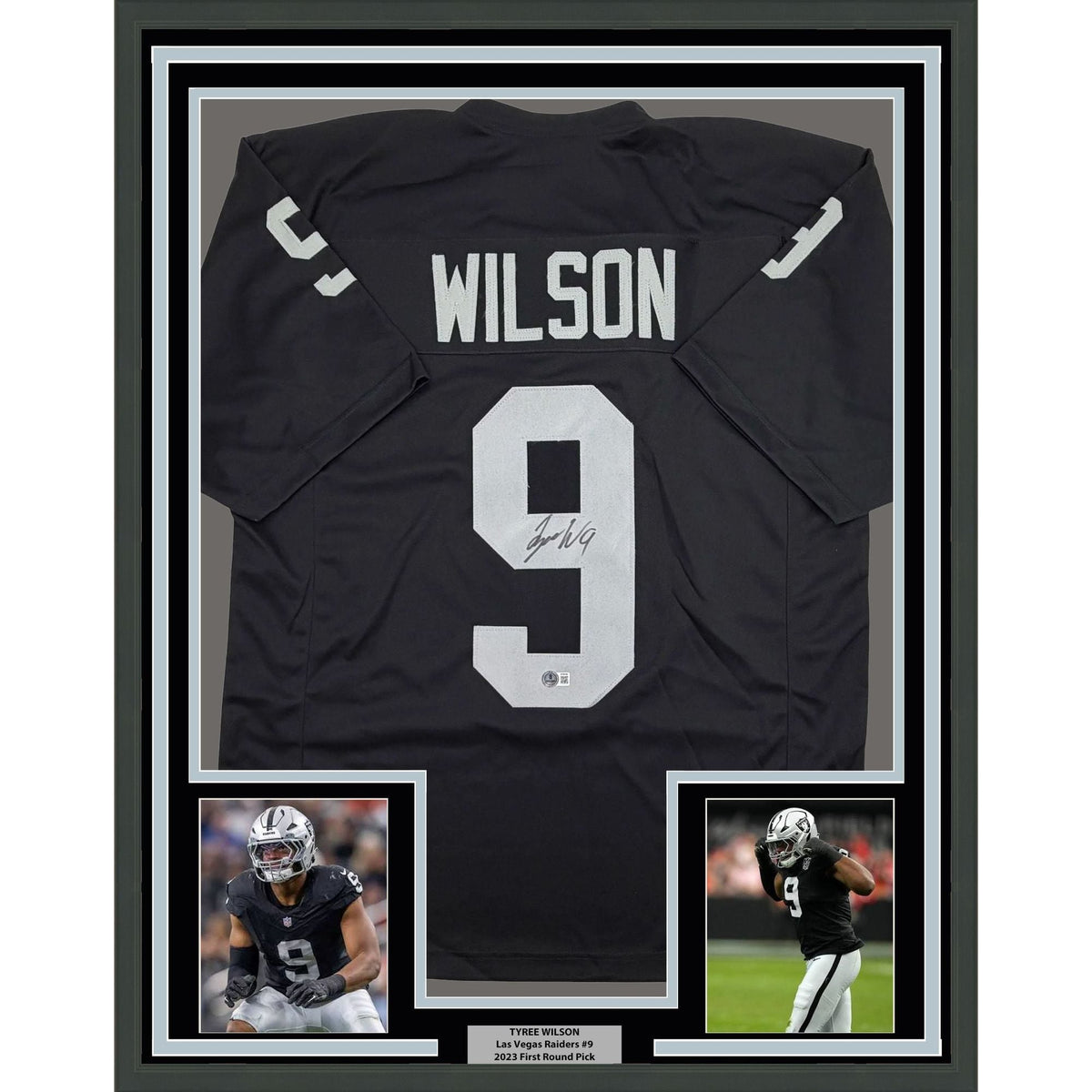Framed Autographed/Signed Tyree Wilson 35x39 Oakland Las Vegas Black Football Jersey Beckett BAS COA