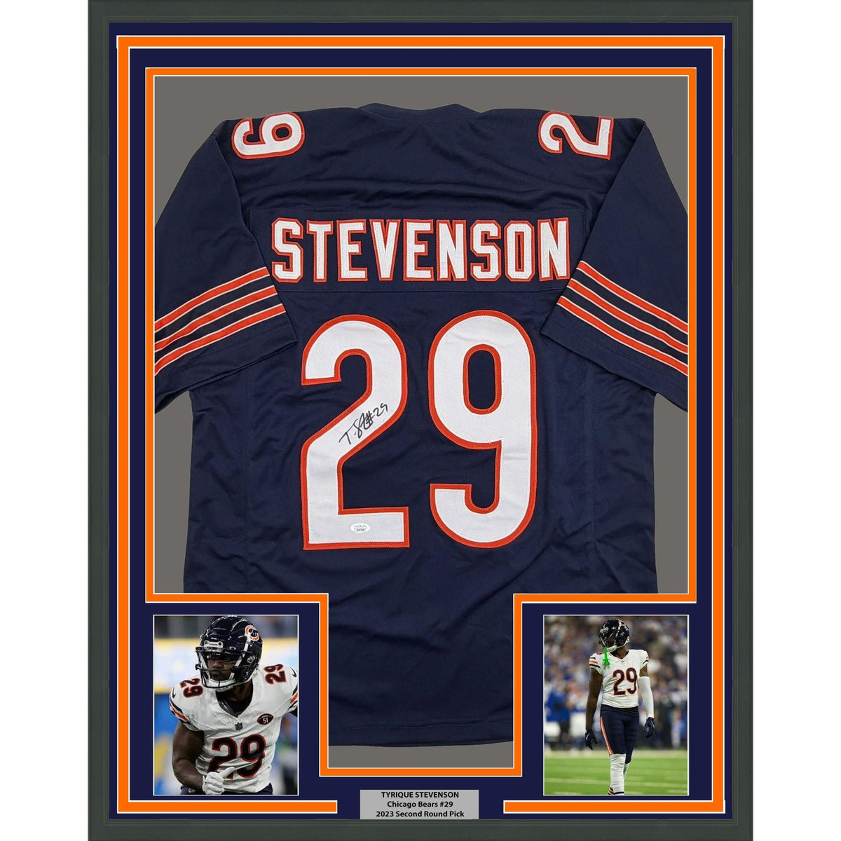 Framed Autographed/Signed Tyrique Stevenson 35x39 Chicago Blue Football Jersey JSA COA