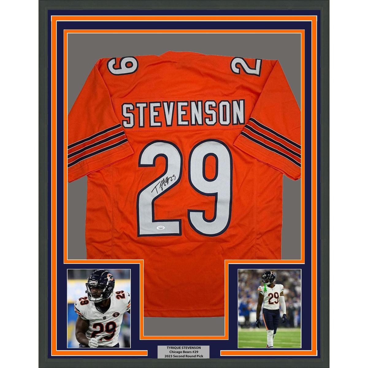 Framed Autographed/Signed Tyrique Stevenson 35x39 Chicago Orange Football Jersey JSA COA