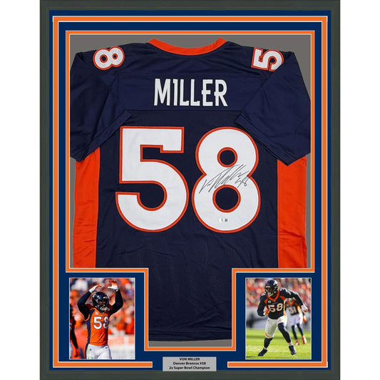 Framed Autographed/Signed Von Miller 35x39 Denver Blue Football Jersey Beckett BAS COA