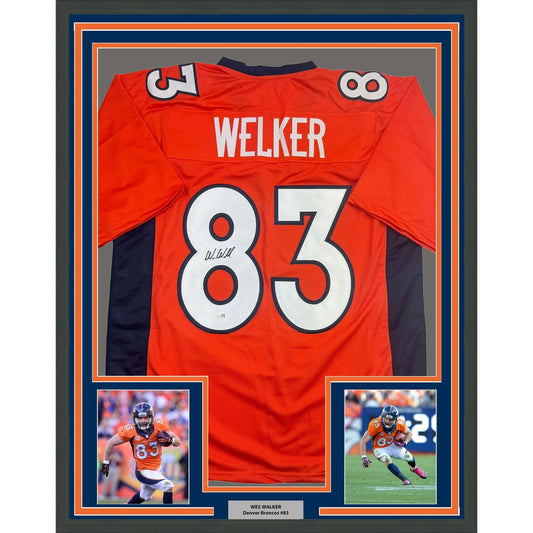Framed Autographed/Signed Wes Welker 35x39 Denver Orange Football Jersey JSA COA