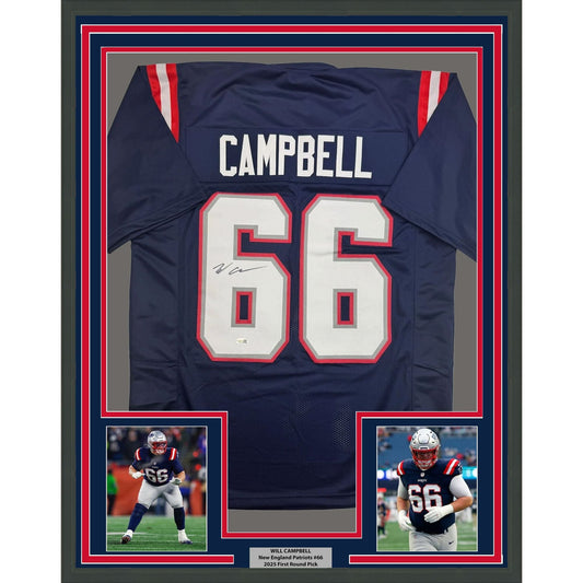 Framed Autographed/Signed Will Campbell 35x39 New England Blue Football Jersey JSA COA