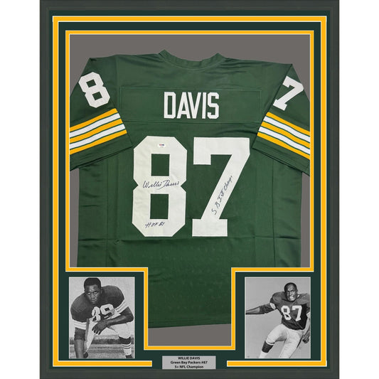 Framed Autographed/Signed Willie Davis HOF 81 & SB Champs 35x39 Green Bay Green Football Jersey PSA/DNA COA
