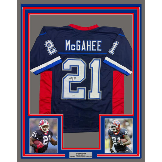 Framed Autographed/Signed Willis Mcgahee 35x39 Buffalo Blue Football Jersey JSA COA