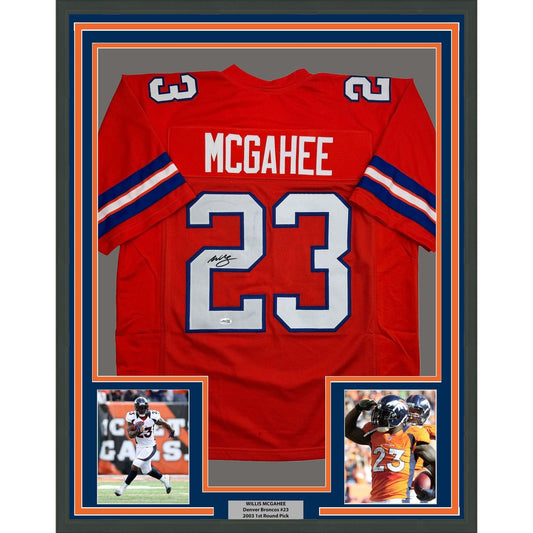 Framed Autographed/Signed Willis McGahee 35x39 Denver Retro Orange Football Jersey JSA COA