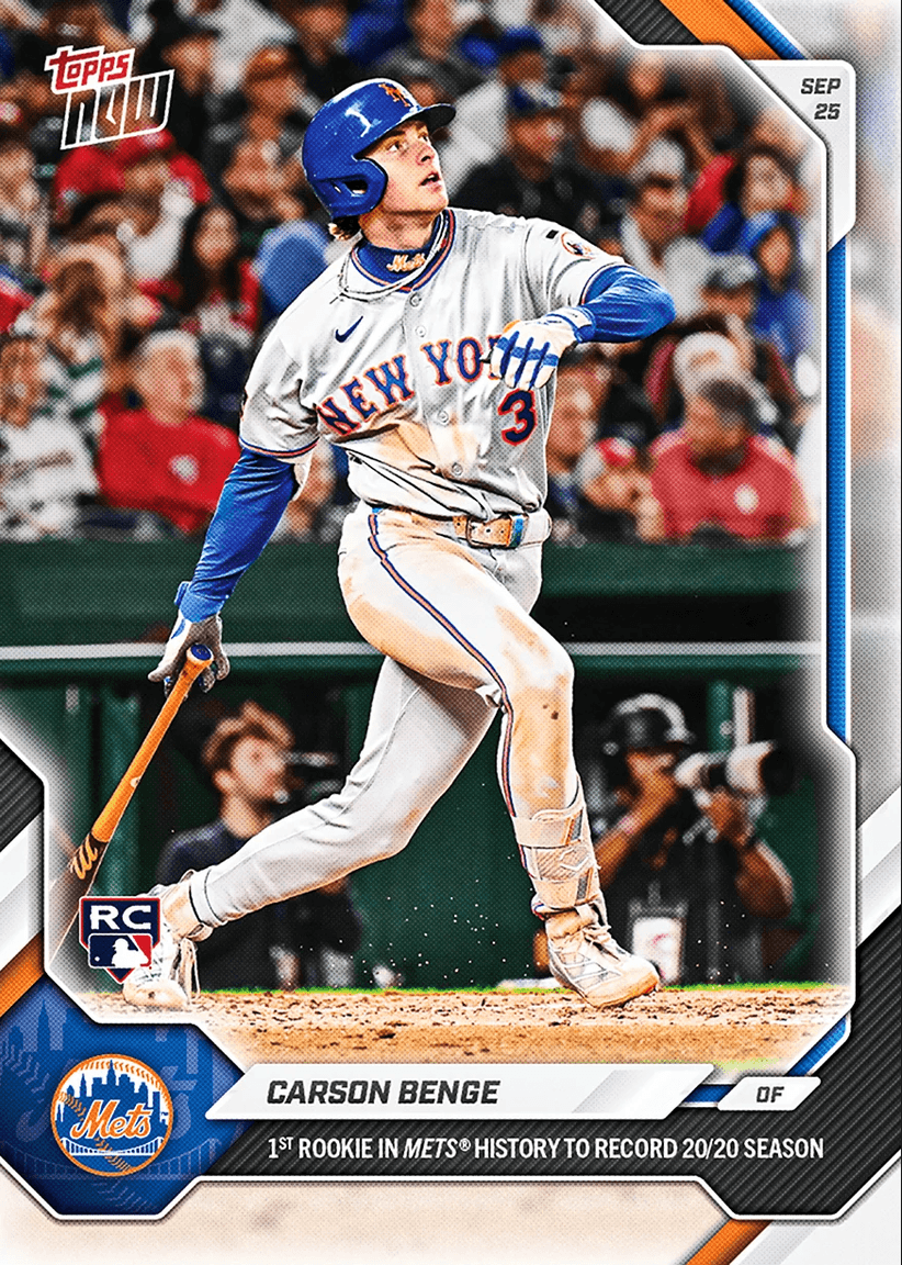 2026 Topps Now Carson Benge #725 1st Rookie in Mets History to Record 20/20 Season New York Mets Rookie RC Baseball Card