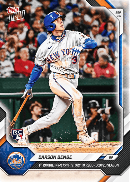 2026 Topps Now Carson Benge #725 1st Rookie in Mets History to Record 20/20 Season New York Mets Rookie RC Baseball Card