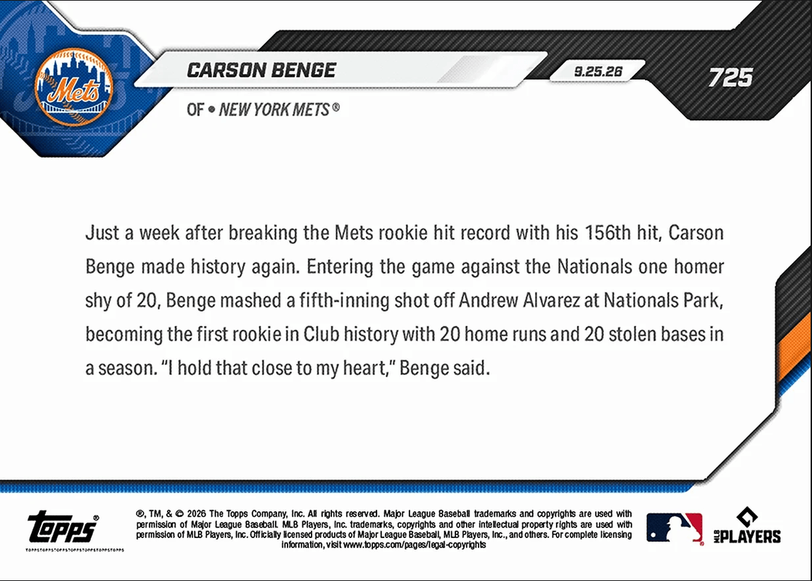 2026 Topps Now Carson Benge #725 1st Rookie in Mets History to Record 20/20 Season New York Mets Rookie RC Baseball Card