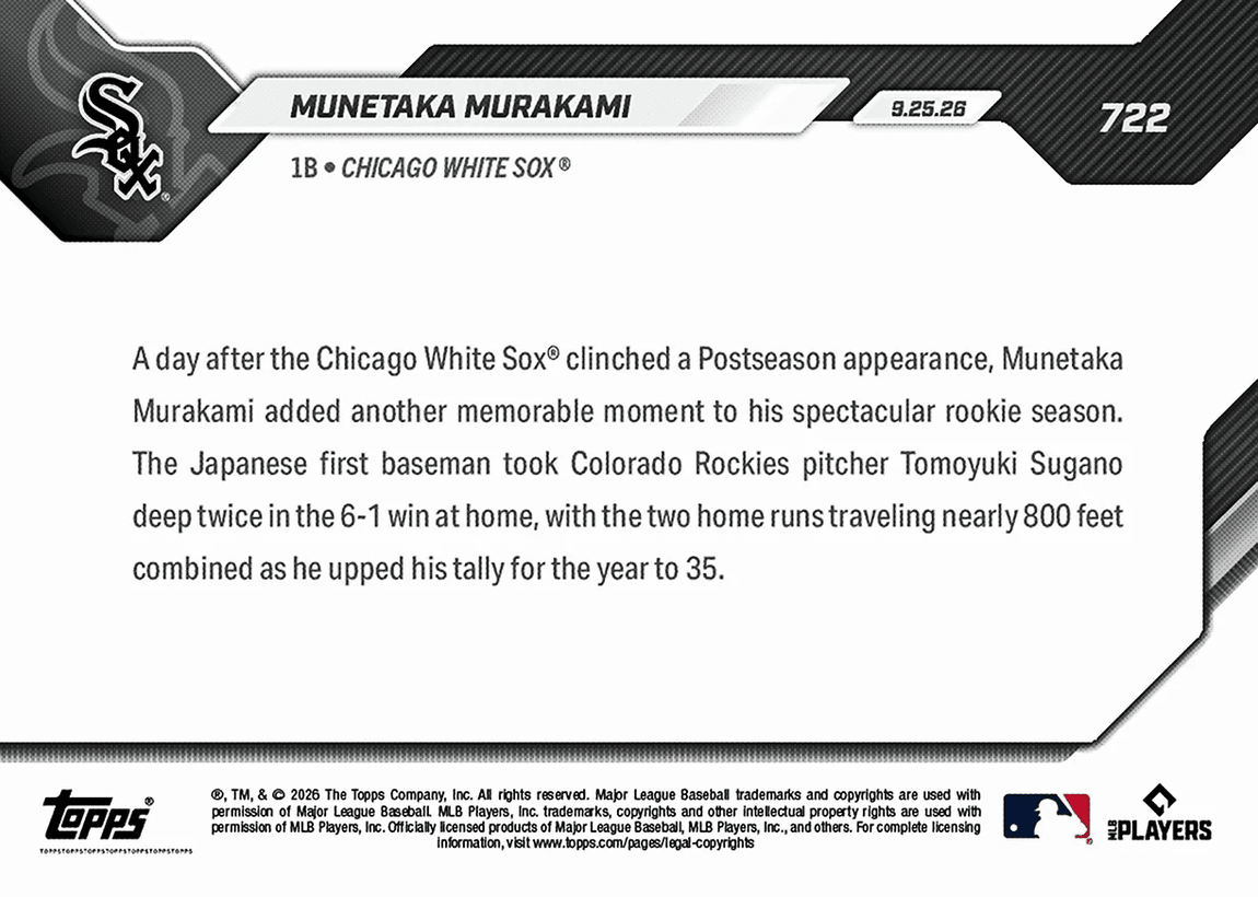 2026 Topps Now Munetaka Murakami #722 Two HRs Help Continue White Sox Celebrations Chicago White Sox Rookie RC Baseball Card
