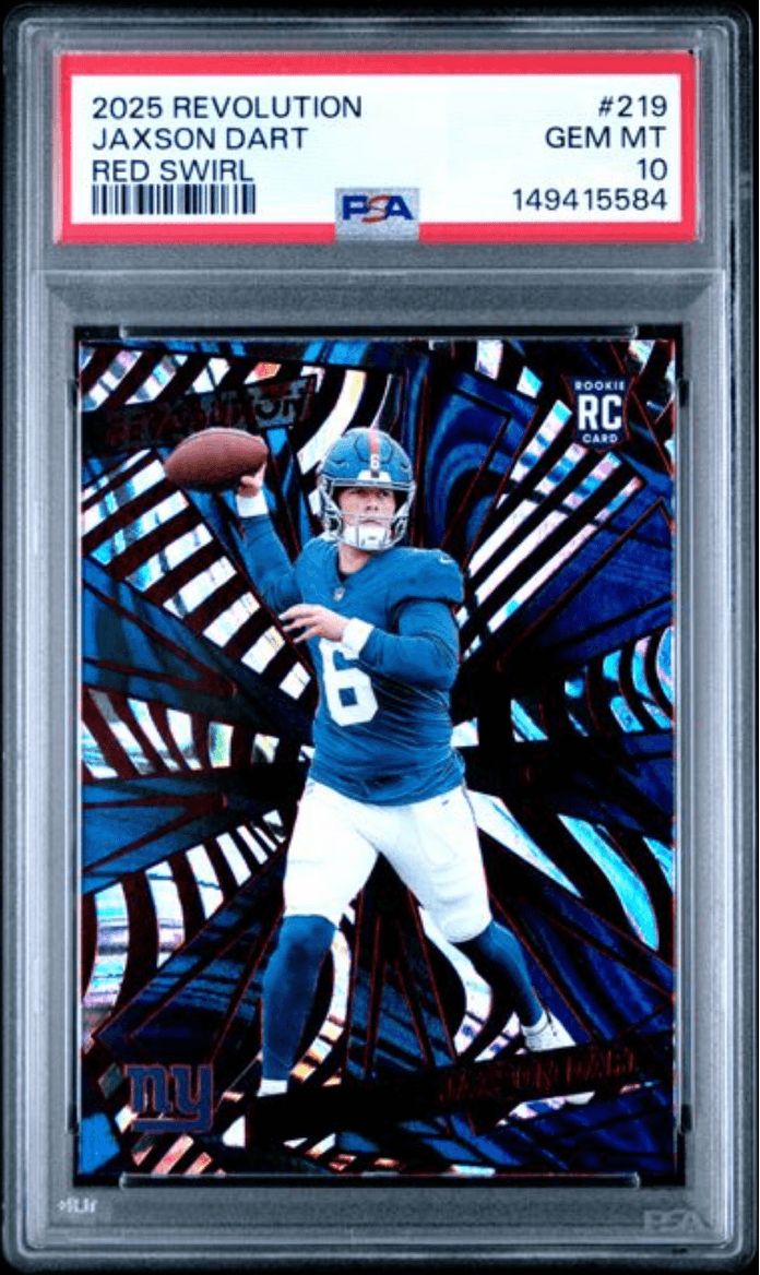 Graded 2025 Panini Revolution Jaxson Dart #219 Red Swirl Rookie RC Football Card PSA 10 Gem Mint