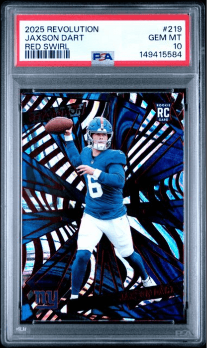 Graded 2025 Panini Revolution Jaxson Dart #219 Red Swirl Rookie RC Football Card PSA 10 Gem Mint