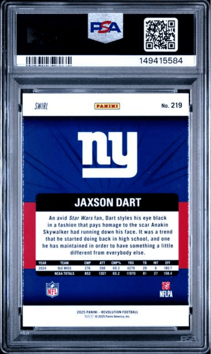 Graded 2025 Panini Revolution Jaxson Dart #219 Red Swirl Rookie RC Football Card PSA 10 Gem Mint