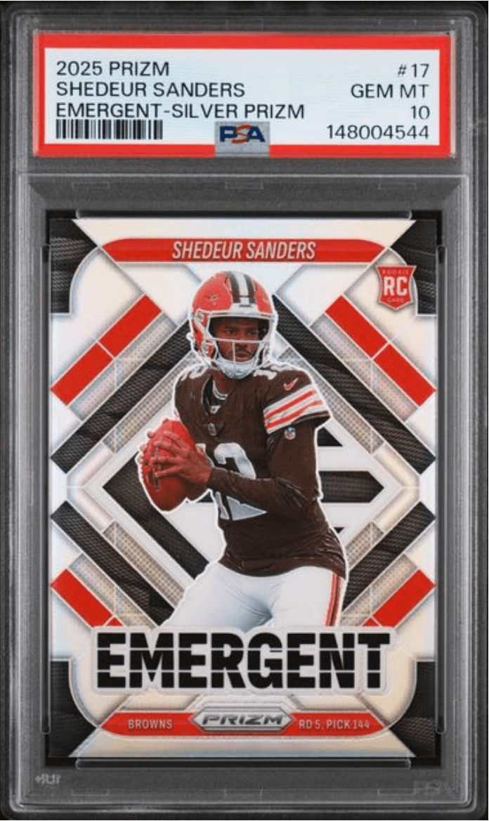 Graded 2025 Panini Prizm Shedeur Sanders #17 Emergent Silver Prizm Rookie RC Football Card PSA 10 Gem Mint