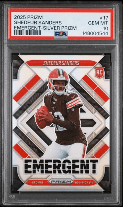 Graded 2025 Panini Prizm Shedeur Sanders #17 Emergent Silver Prizm Rookie RC Football Card PSA 10 Gem Mint