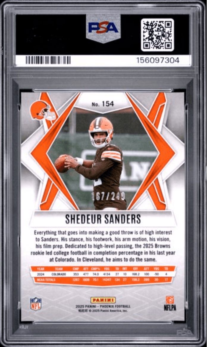 Graded 2025 Panini Phoenix Shedeur Sanders #154 Purple Winter /249 Rookie RC Football Card PSA 10 Gem Mint