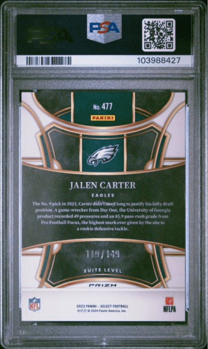 Graded 2023 Panini Select Jalen Carter #477 Tri Color Prizm /149 Rookie RC Football Card PSA 10 Gem Mint