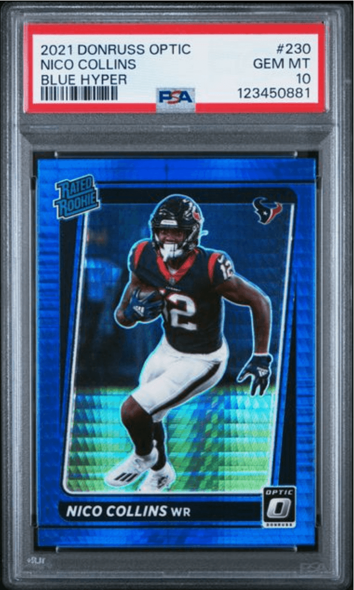 Graded 2021 Panini Donruss Optic Nico Collins #230 Blue Hyper Rookie RC Football Card PSA 10 Gem Mint