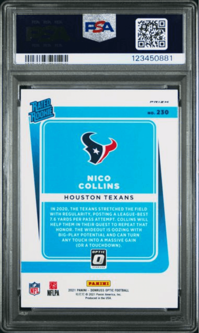 Graded 2021 Panini Donruss Optic Nico Collins #230 Blue Hyper Rookie RC Football Card PSA 10 Gem Mint