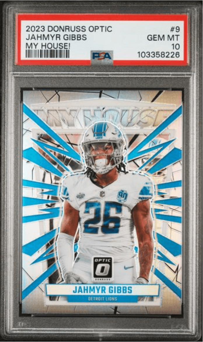 Graded 2023 Panini Donruss Optic Jahmyr Gibbs #9 My House! Rookie RC Football Card PSA 10 Gem Mint