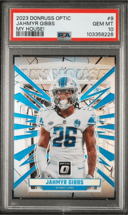 Graded 2023 Panini Donruss Optic Jahmyr Gibbs #9 My House! Rookie RC Football Card PSA 10 Gem Mint