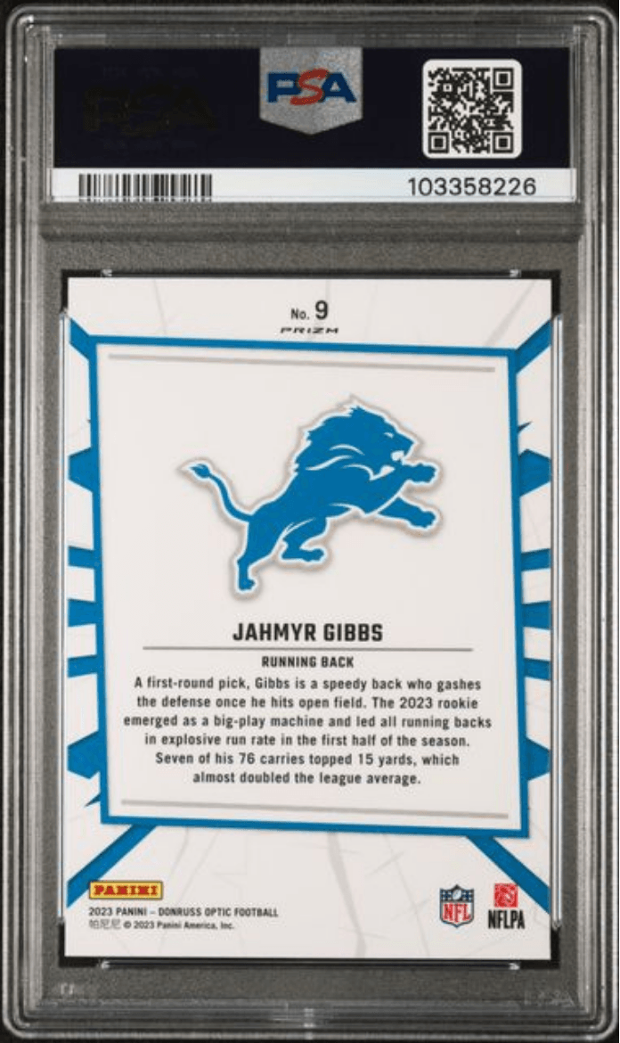 Graded 2023 Panini Donruss Optic Jahmyr Gibbs #9 My House! Rookie RC Football Card PSA 10 Gem Mint