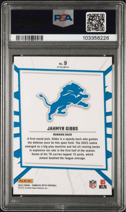 Graded 2023 Panini Donruss Optic Jahmyr Gibbs #9 My House! Rookie RC Football Card PSA 10 Gem Mint