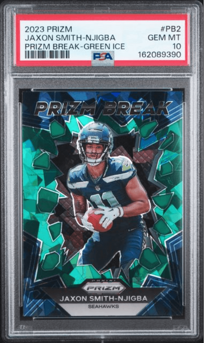 Graded 2023 Panini Prizm Jaxon Smith-Njigba #PB2 Prizm Break Green Ice Rookie RC Football Card PSA 10 Gem Mint