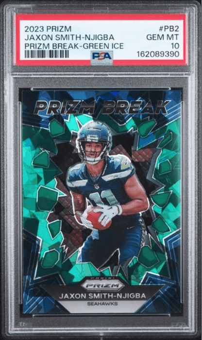 Graded 2023 Panini Prizm Jaxon Smith-Njigba #PB2 Prizm Break Green Ice Rookie RC Football Card PSA 10 Gem Mint