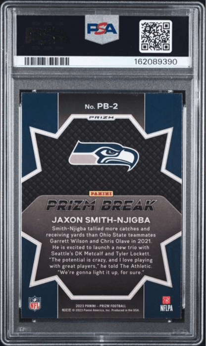Graded 2023 Panini Prizm Jaxon Smith-Njigba #PB2 Prizm Break Green Ice Rookie RC Football Card PSA 10 Gem Mint