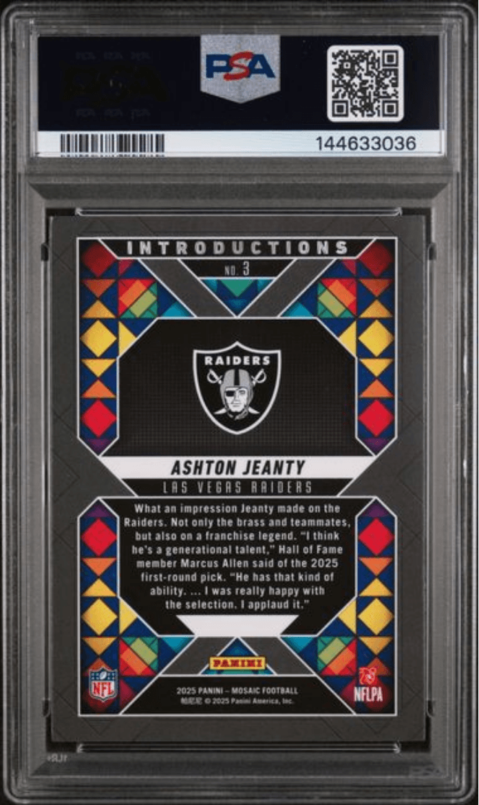 Graded 2025 Panini Mosaic Ashton Jeanty #3 Introductions Rookie RC Football Card PSA 10 Gem Mint