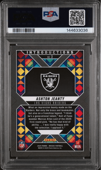 Graded 2025 Panini Mosaic Ashton Jeanty #3 Introductions Rookie RC Football Card PSA 10 Gem Mint