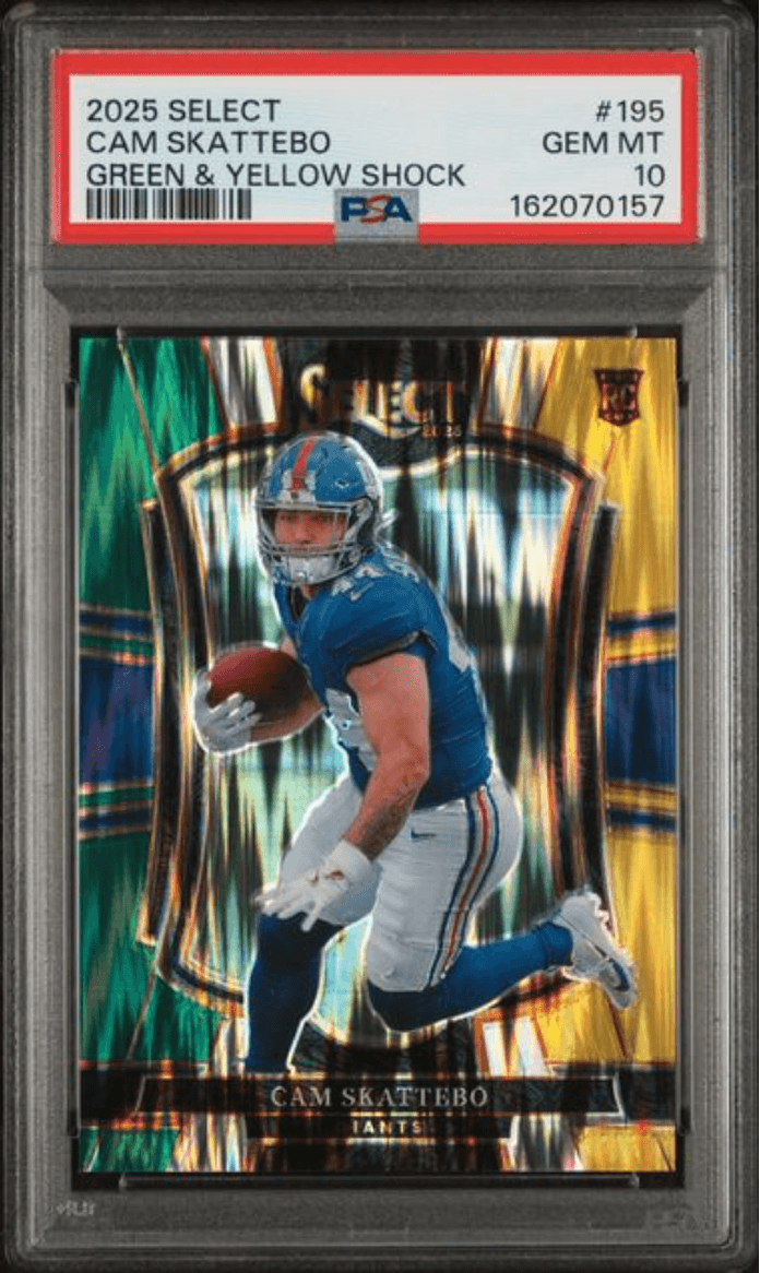 Graded 2025 Panini Select Cam Skattebo #195 Green & Yellow Shock Rookie RC Football Card PSA 10 Gem Mint
