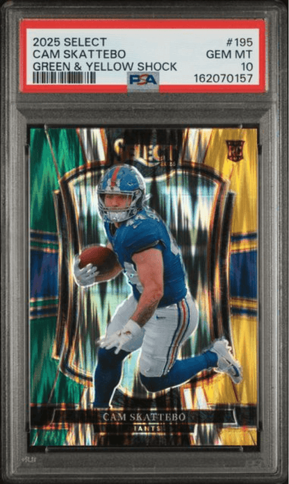 Graded 2025 Panini Select Cam Skattebo #195 Green & Yellow Shock Rookie RC Football Card PSA 10 Gem Mint