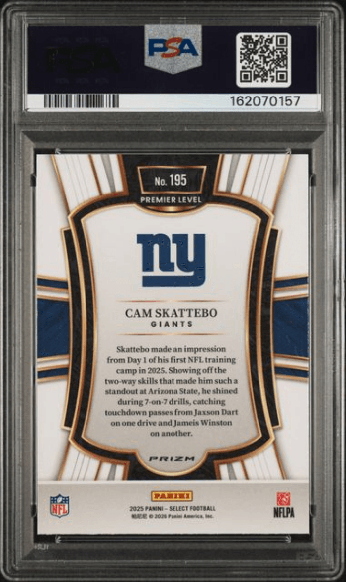 Graded 2025 Panini Select Cam Skattebo #195 Green & Yellow Shock Rookie RC Football Card PSA 10 Gem Mint